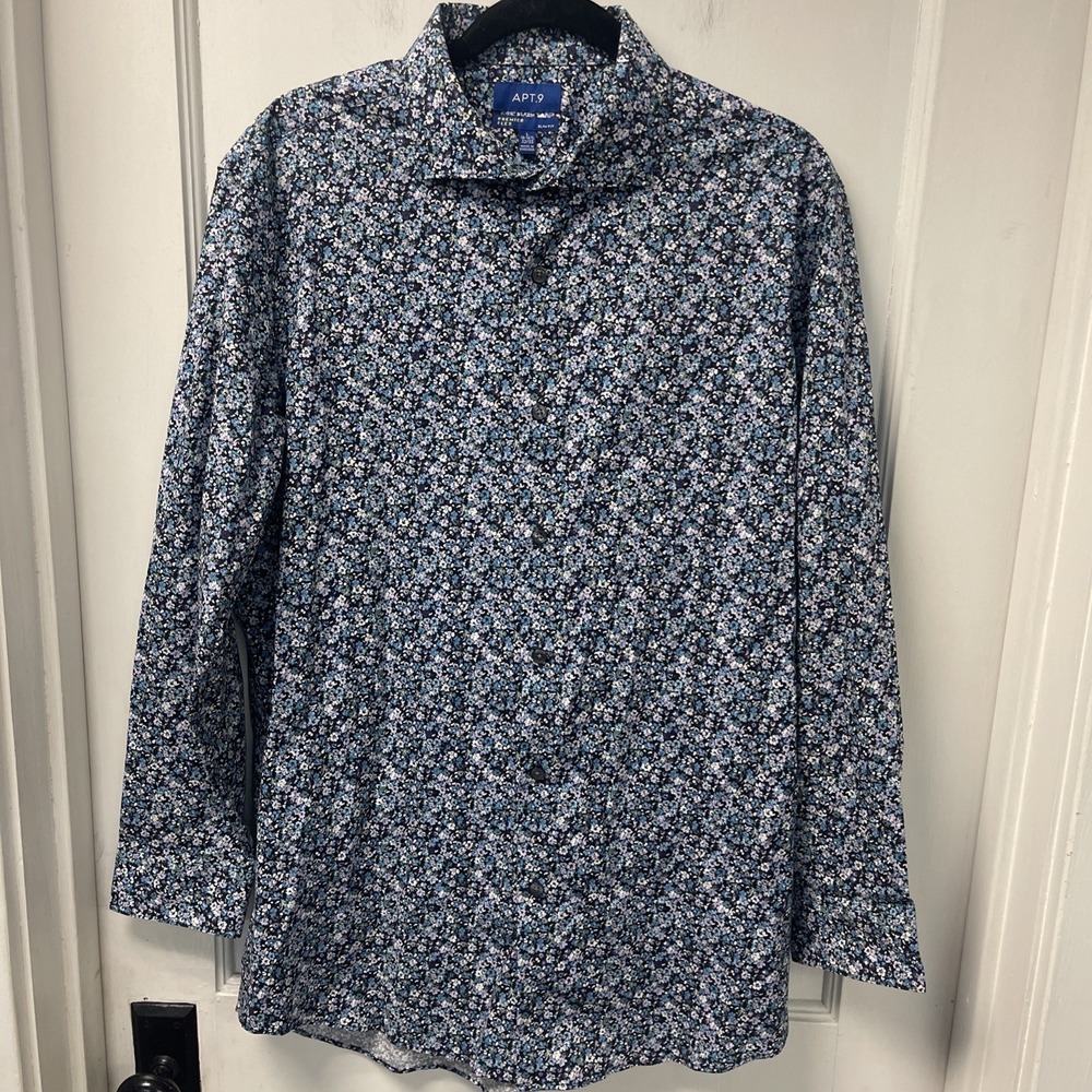 Apt 9 Button Down Shirt Mens Sz Large  16-16.5 Floral Blue Long Sleeve Slim Fit